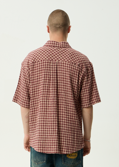 AFENDS Mens Capricorn - Seersucker Short Sleeve Shirt - Burgundy / Beige Check