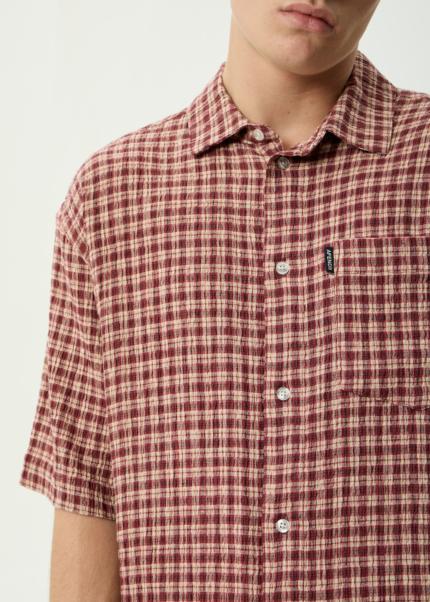 AFENDS Mens Capricorn - Seersucker Short Sleeve Shirt - Burgundy / Beige Check