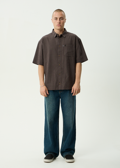AFENDS Mens Reverb -  Seersucker Short Sleeve Shirt - Chocolate Check