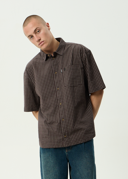AFENDS Mens Reverb -  Seersucker Short Sleeve Shirt - Chocolate Check