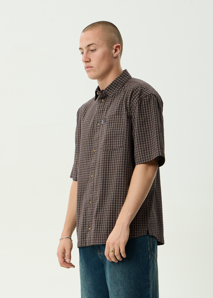 AFENDS Mens Reverb -  Seersucker Short Sleeve Shirt - Chocolate Check