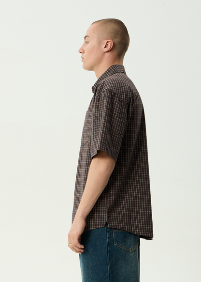 AFENDS Mens Reverb -  Seersucker Short Sleeve Shirt - Chocolate Check