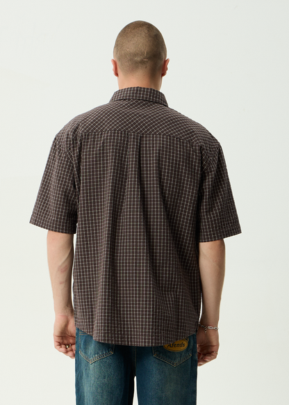 AFENDS Mens Reverb -  Seersucker Short Sleeve Shirt - Chocolate Check
