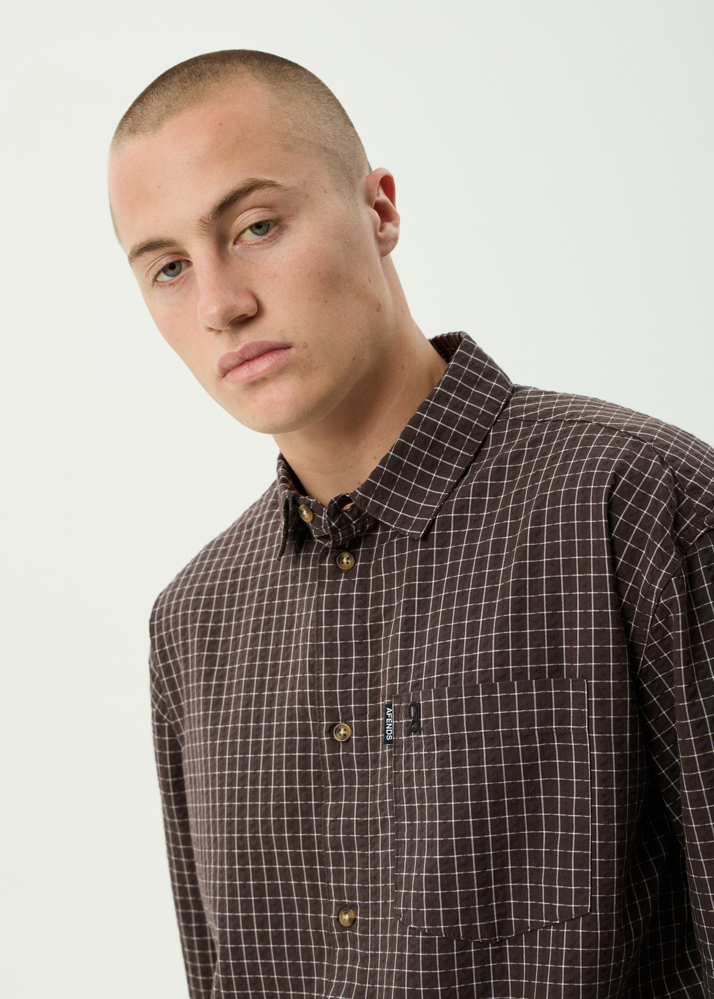 AFENDS Mens Reverb -  Seersucker Short Sleeve Shirt - Chocolate Check