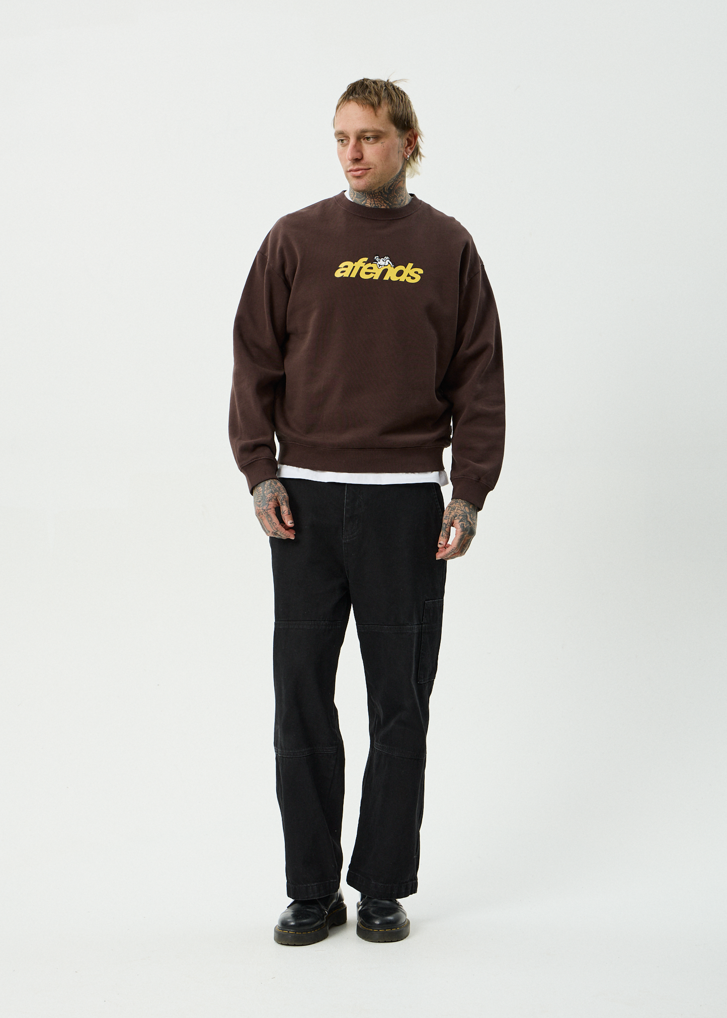 AFENDS Mens Angel Boy - Crew Neck - Washed Coffee