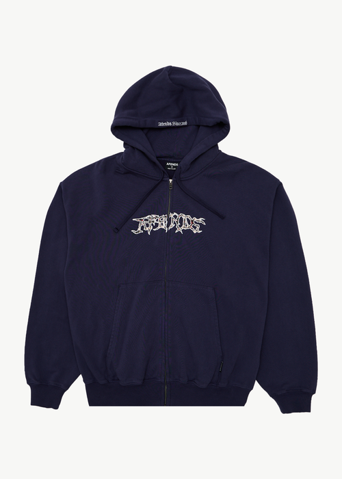 AFENDS Mens Kharma -  Boxy Zip Hood - Washed Deep Sea