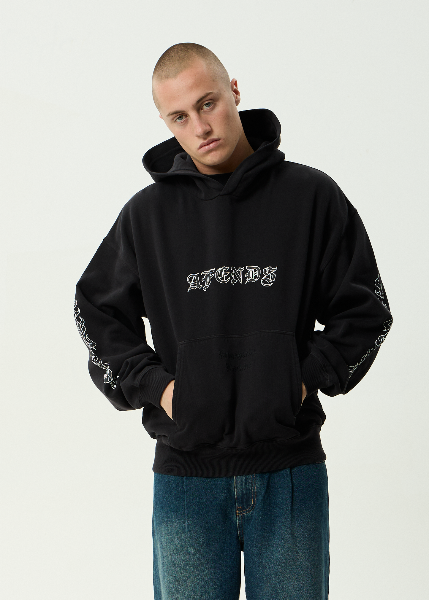 AFENDS Mens Machine -  Boxy Pull On Hood - Stone Black