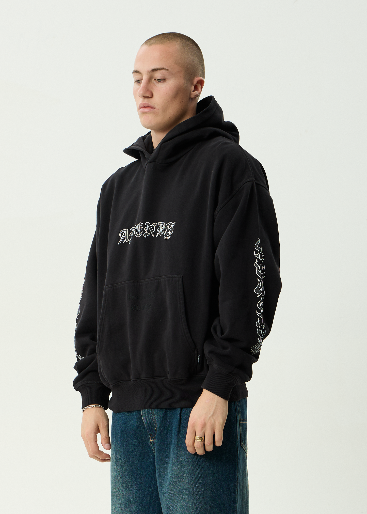 AFENDS Mens Machine -  Boxy Pull On Hood - Stone Black