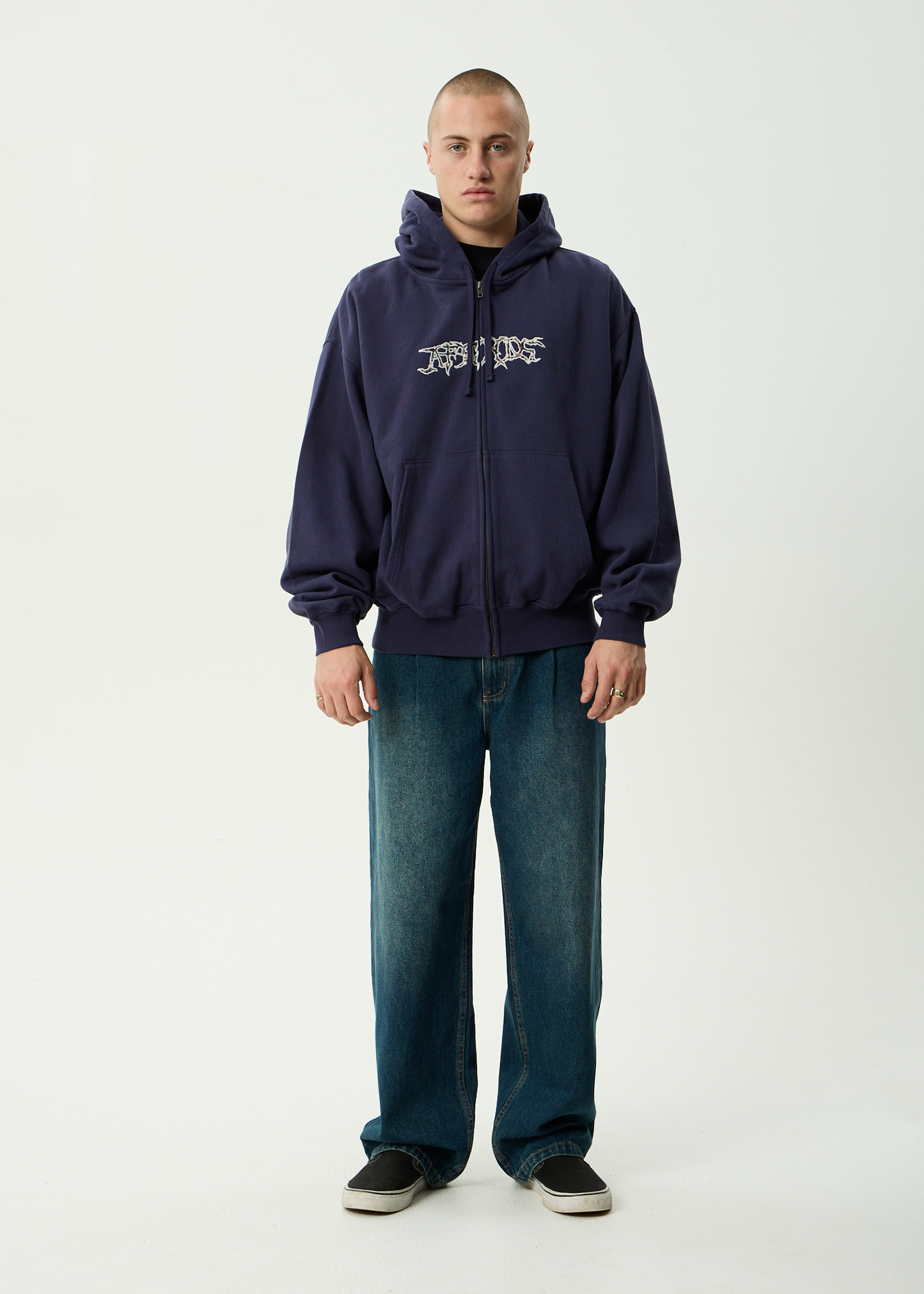 AFENDS Mens Kharma -  Boxy Zip Hood - Washed Deep Sea