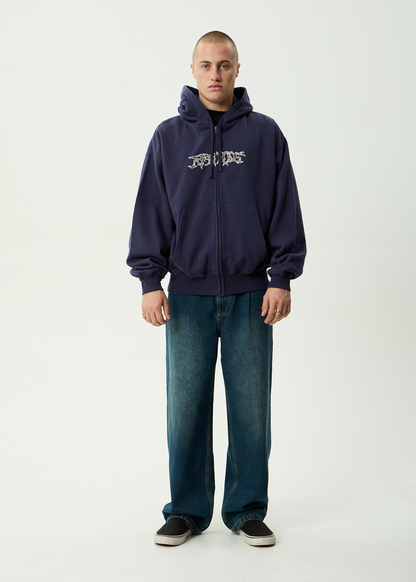 AFENDS Mens Kharma -  Boxy Zip Hood - Washed Deep Sea