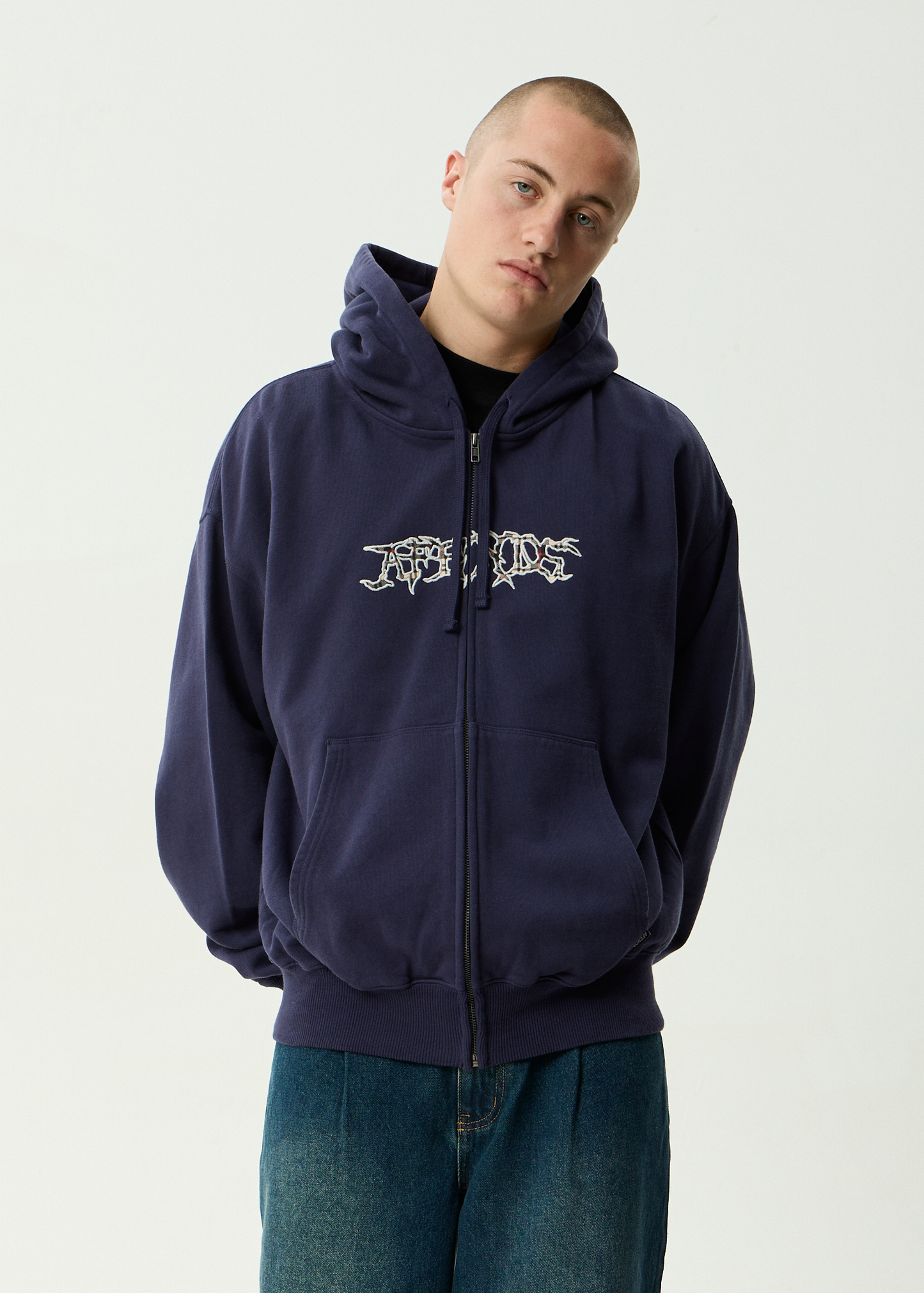 AFENDS Mens Kharma -  Boxy Zip Hood - Washed Deep Sea