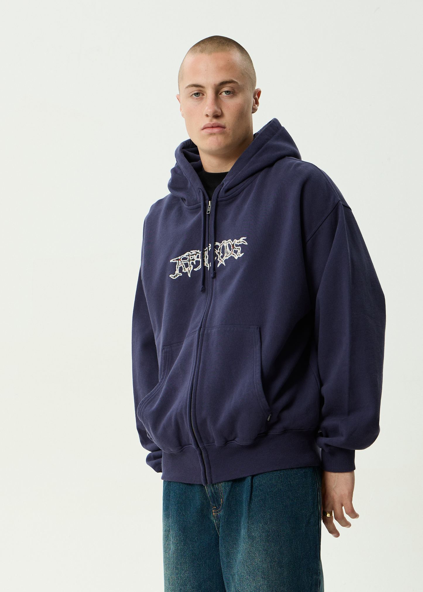 AFENDS Mens Kharma -  Boxy Zip Hood - Washed Deep Sea