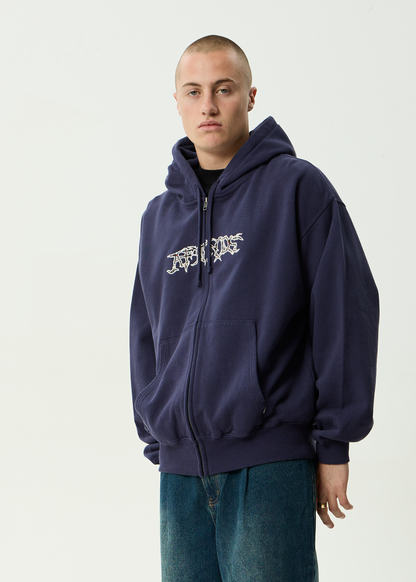 AFENDS Mens Kharma -  Boxy Zip Hood - Washed Deep Sea