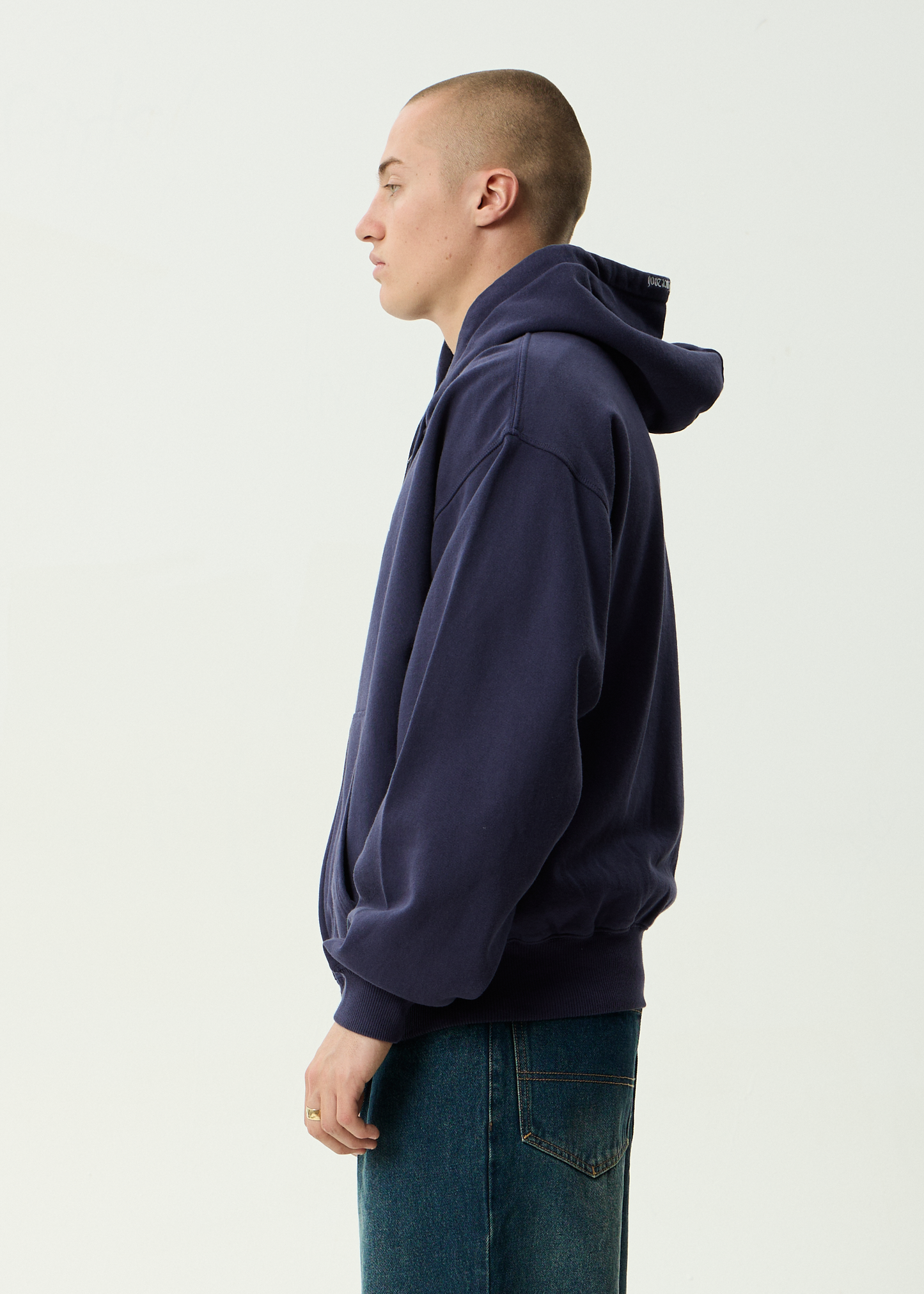 AFENDS Mens Kharma -  Boxy Zip Hood - Washed Deep Sea