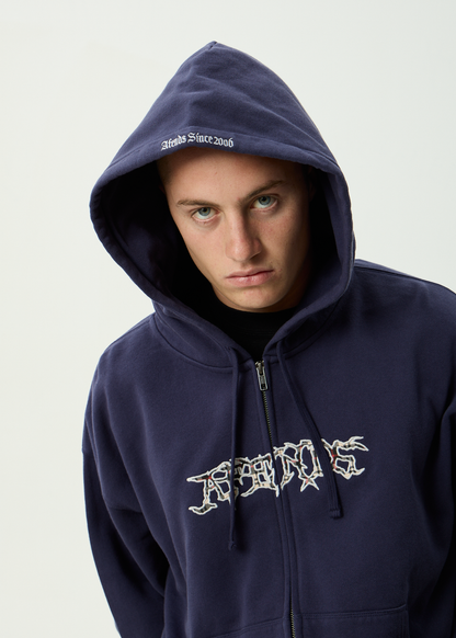 AFENDS Mens Kharma -  Boxy Zip Hood - Washed Deep Sea