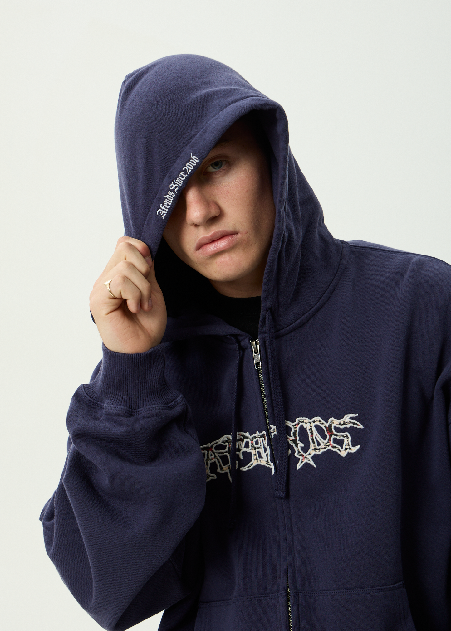 AFENDS Mens Kharma -  Boxy Zip Hood - Washed Deep Sea
