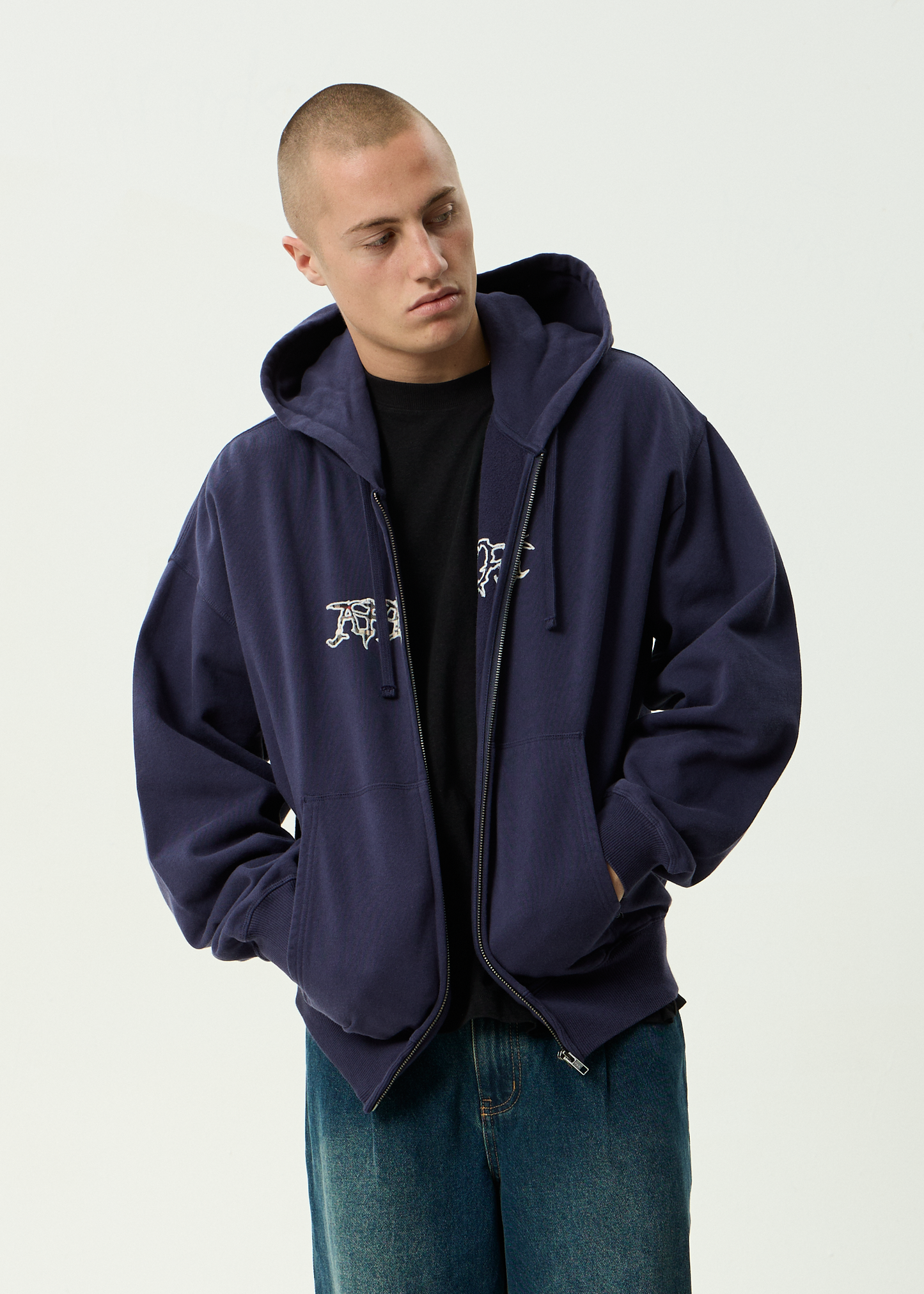 AFENDS Mens Kharma -  Boxy Zip Hood - Washed Deep Sea