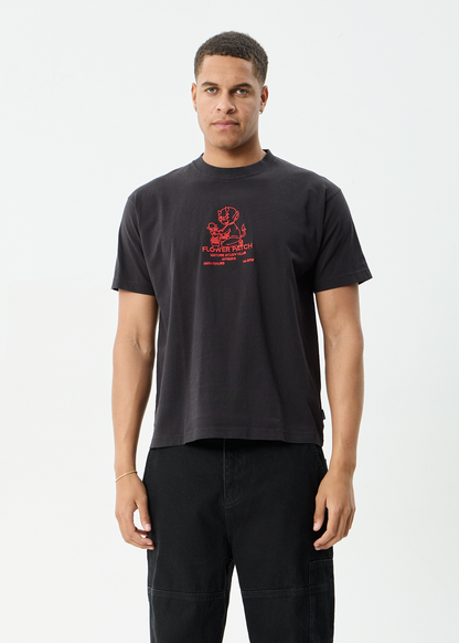 AFENDS Mens Flower Patch - Heavyweight Boxy Tee - Stone Black