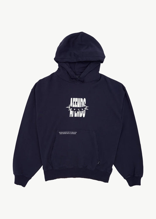 AFENDS Mens Bad Dog - Boxy Pull On Hood - Washed Deep Sea