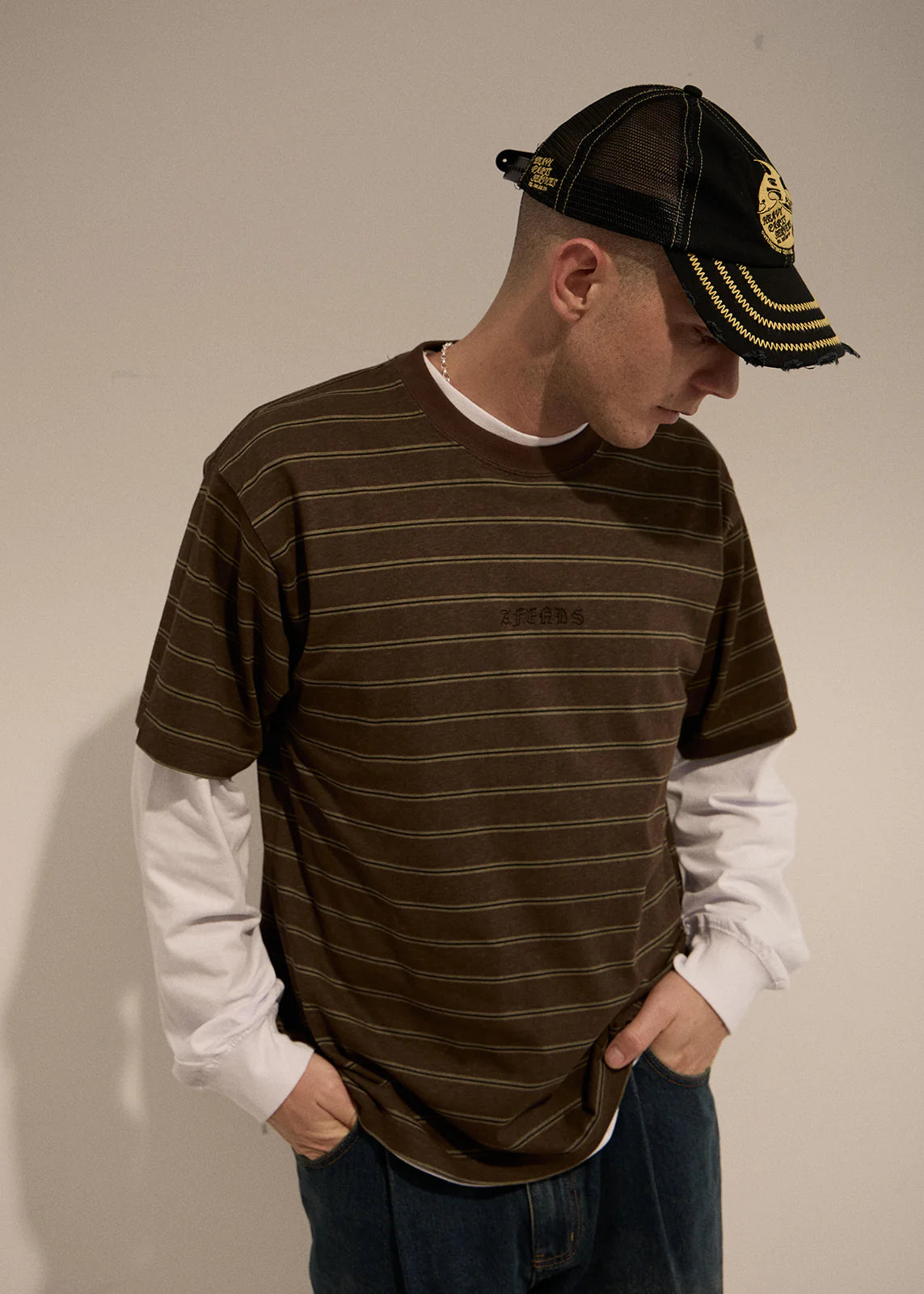 AFENDS Mens Eureka - Boxy Tee - Coffee Stripe