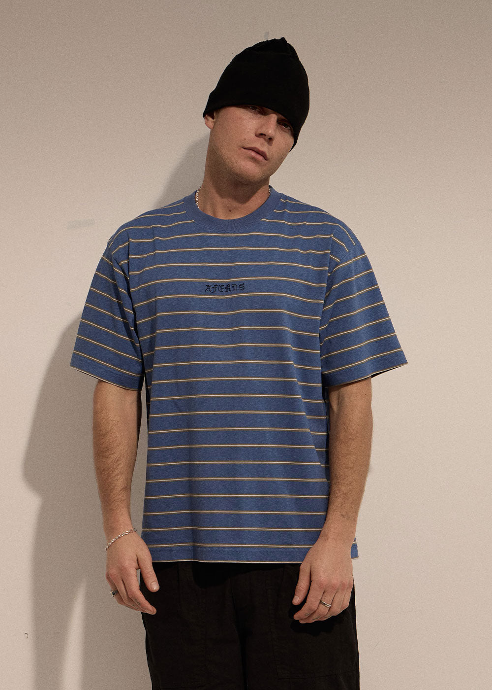 AFENDS Mens Eureka - Boxy Tee - Slate Blue Stripe