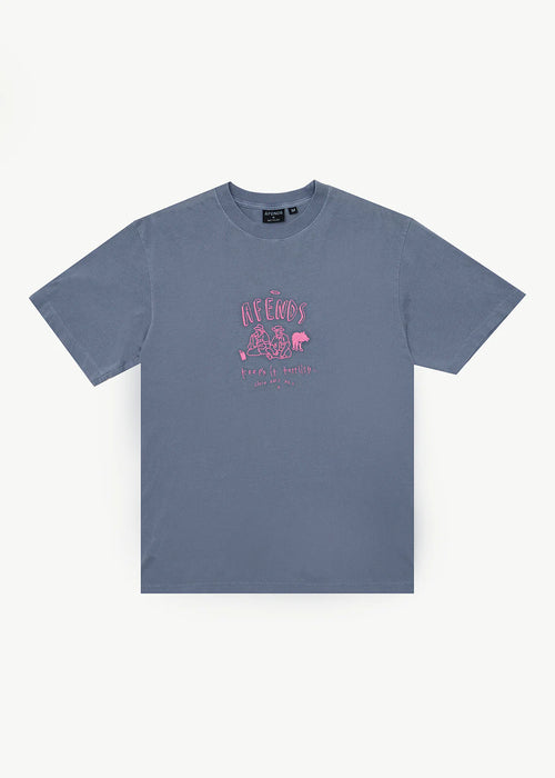 AFENDS Mens Camp Fire - Boxy Tee - Washed Slate Blue
