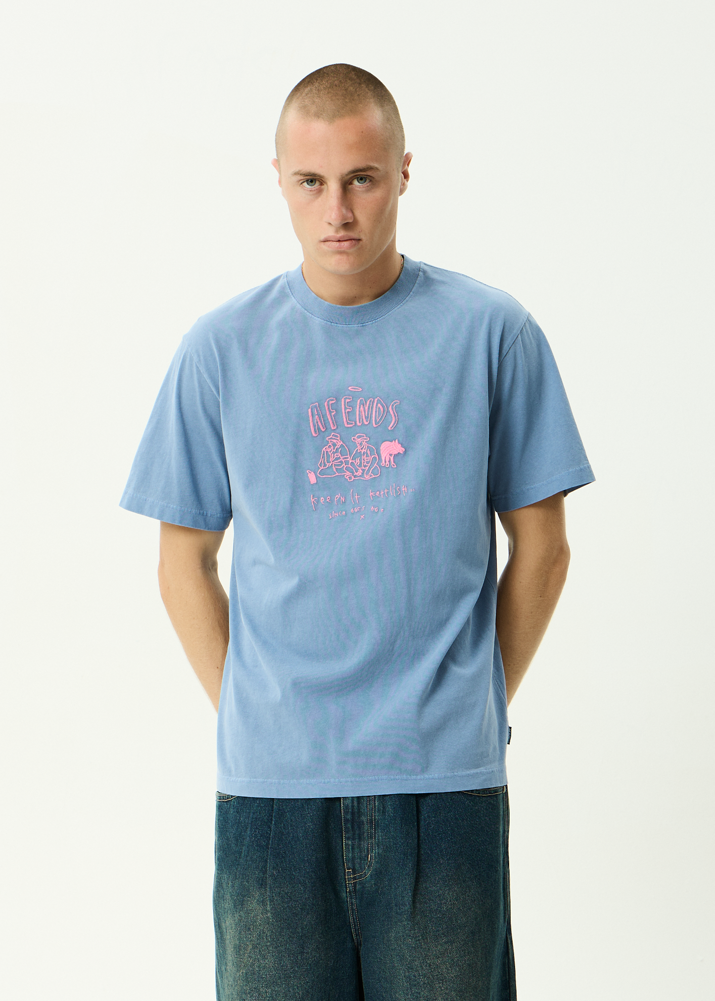 AFENDS Mens Camp Fire - Boxy Tee - Washed Slate Blue