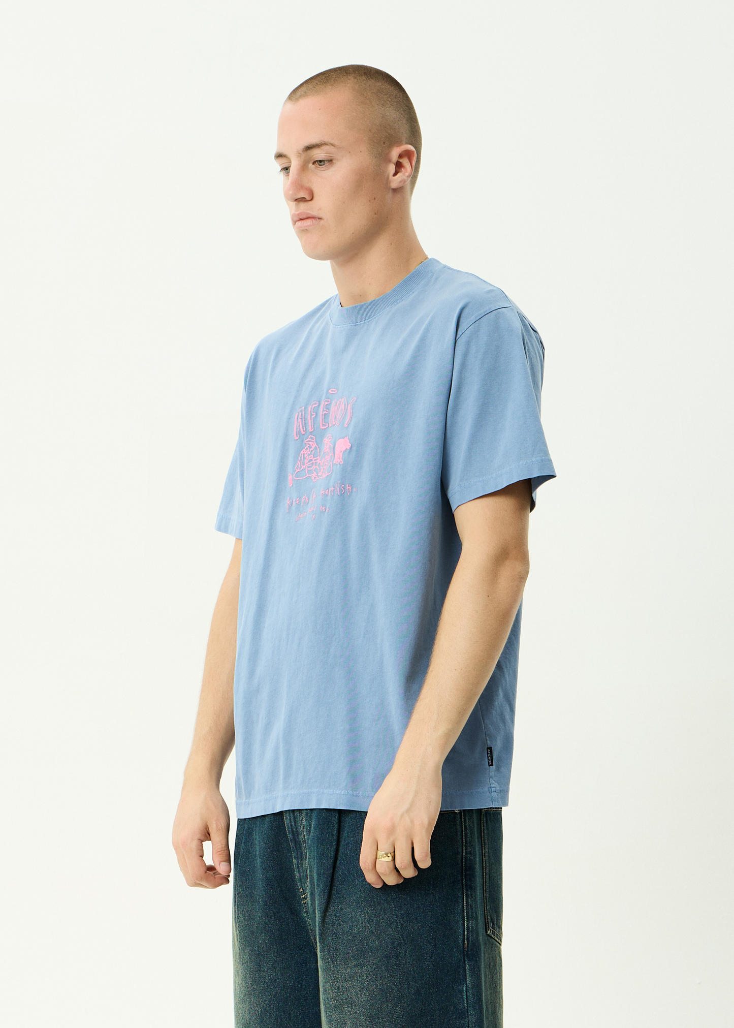 AFENDS Mens Camp Fire - Boxy Tee - Washed Slate Blue