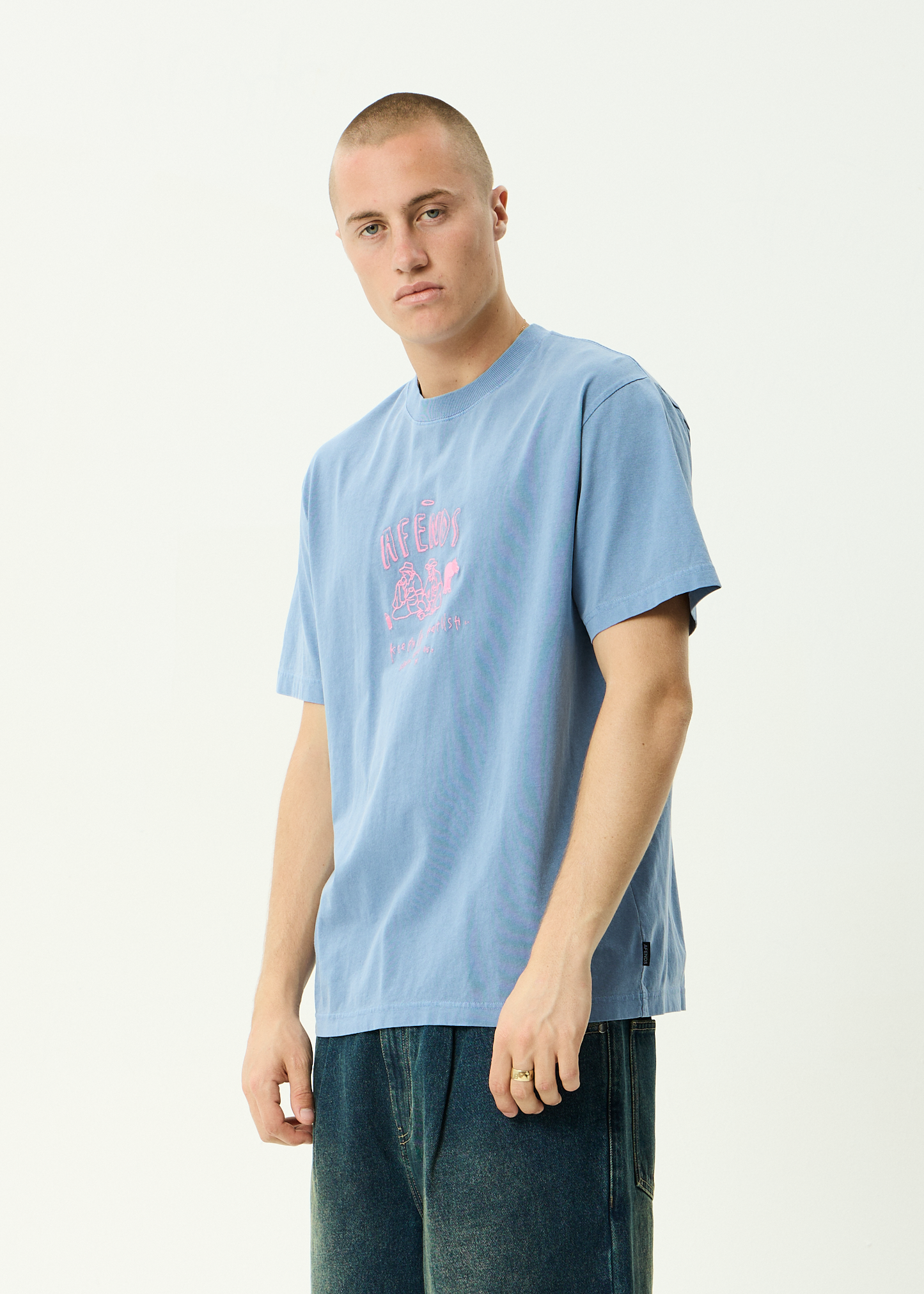 AFENDS Mens Camp Fire - Boxy Tee - Washed Slate Blue