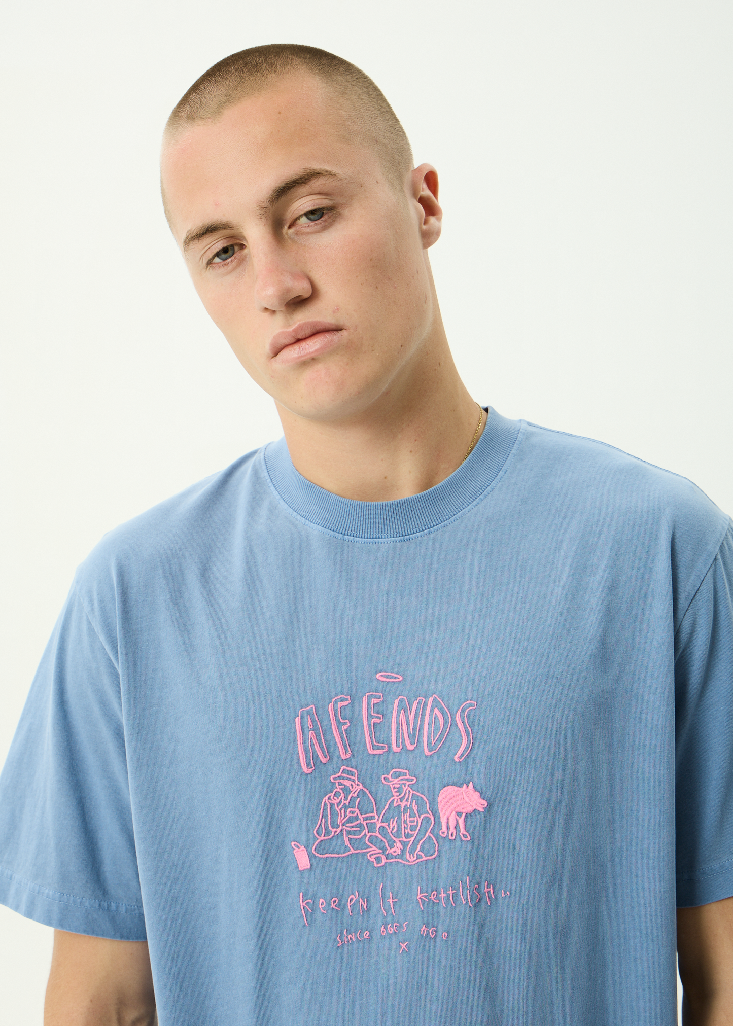 AFENDS Mens Camp Fire - Boxy Tee - Washed Slate Blue