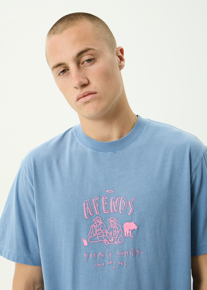 AFENDS Mens Camp Fire - Boxy Tee - Washed Slate Blue