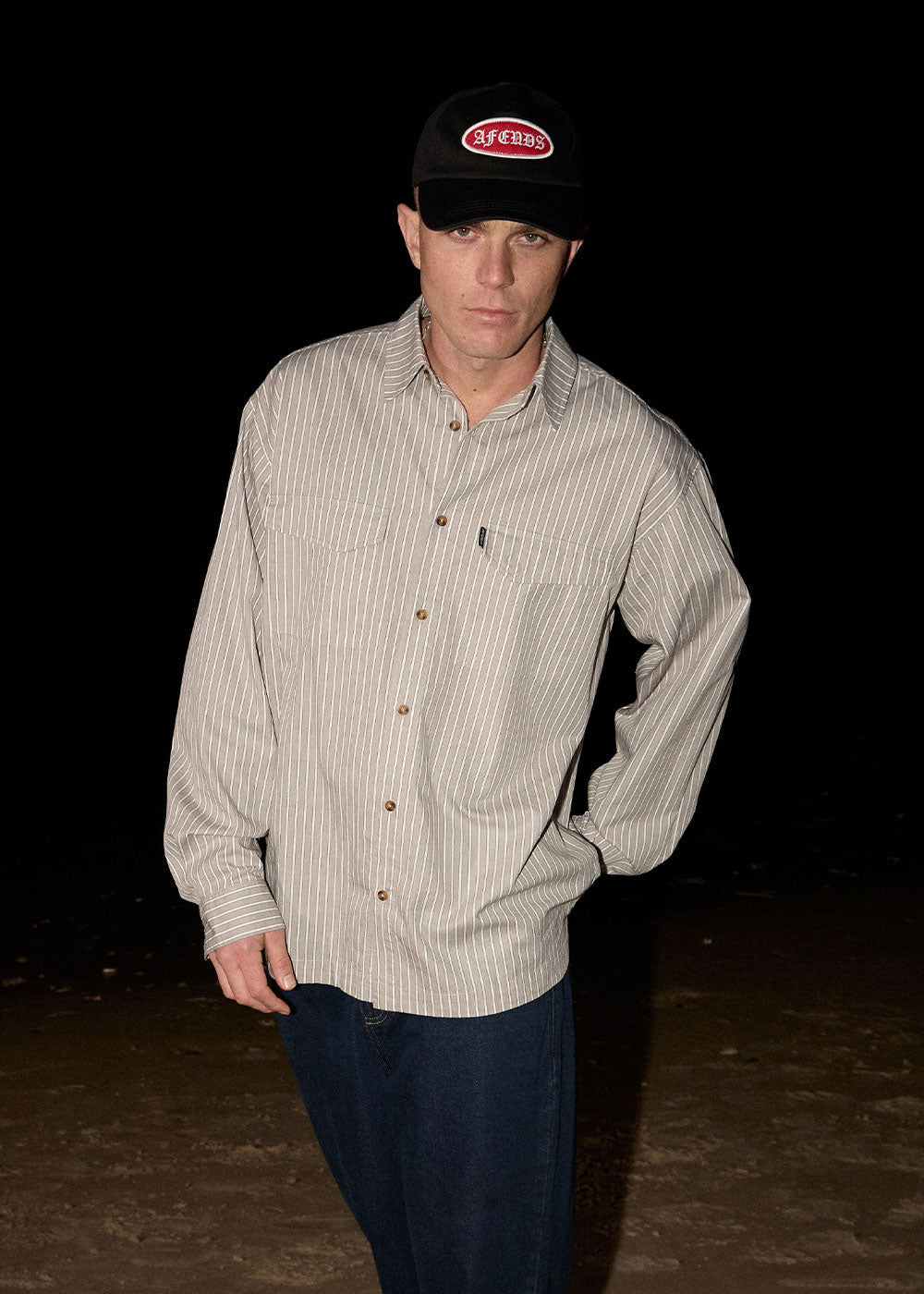 AFENDS Mens Lennox - Oversized Long Sleeve Shirt - Olive Stripe