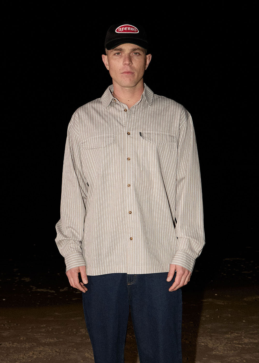 AFENDS Mens Lennox - Oversized Long Sleeve Shirt - Olive Stripe