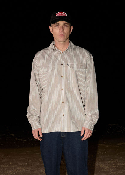AFENDS Mens Lennox - Oversized Long Sleeve Shirt - Olive Stripe