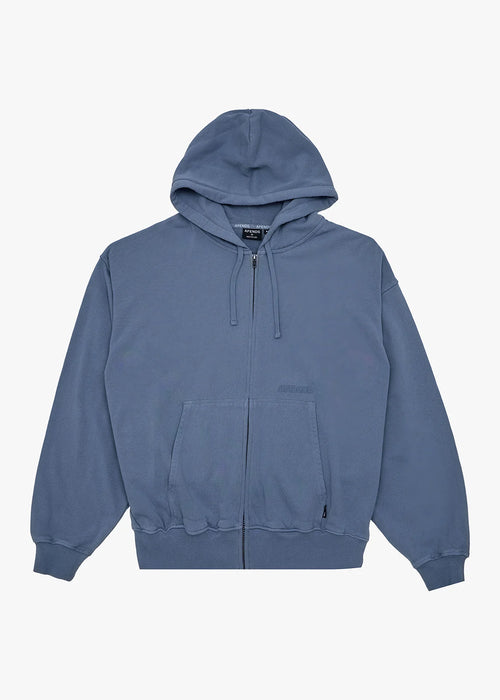 AFENDS Mens Genesis - Boxy Zip Hood - Washed Slate Blue
