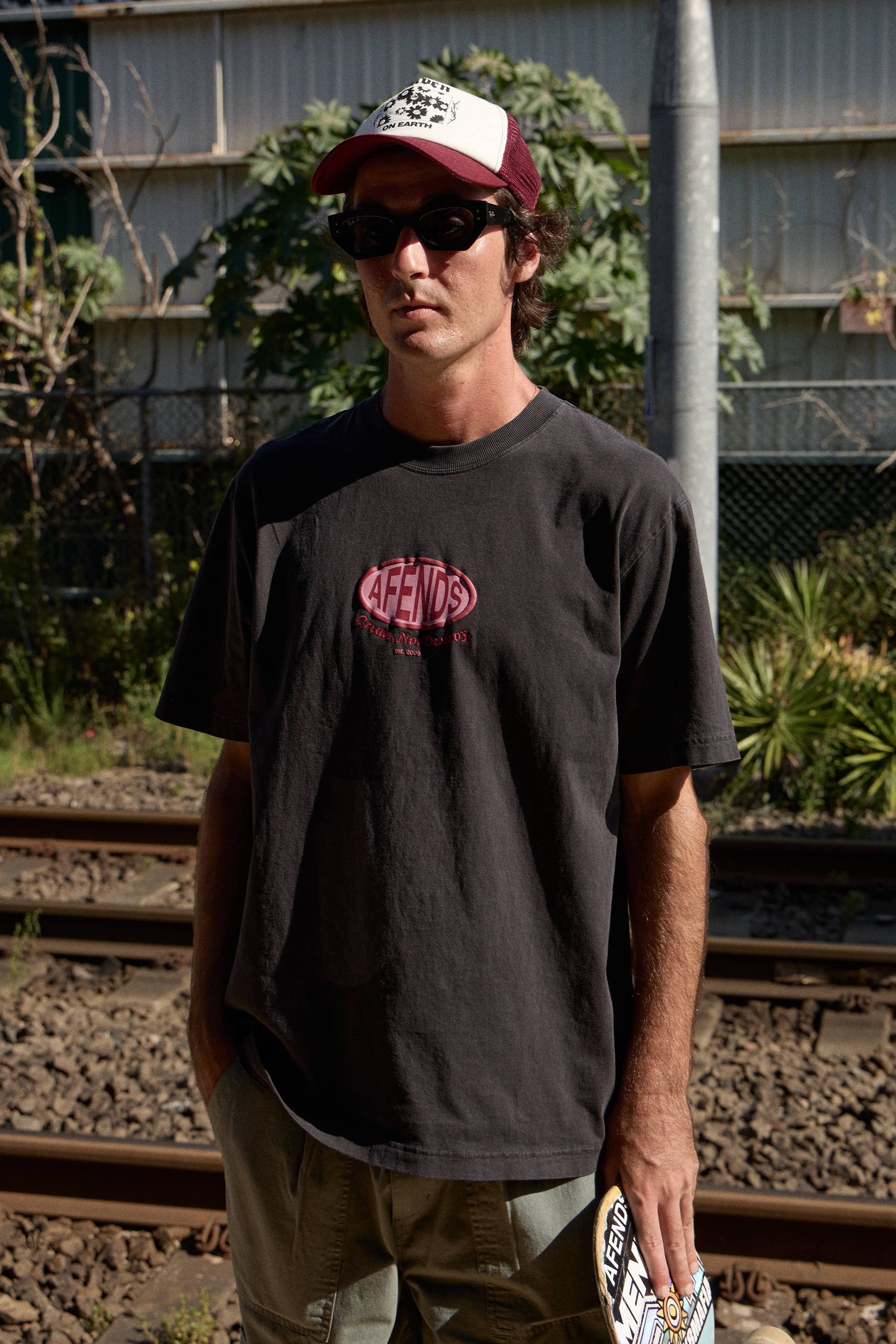 AFENDS Mens Destroyed - Retro Tee - Stone Black