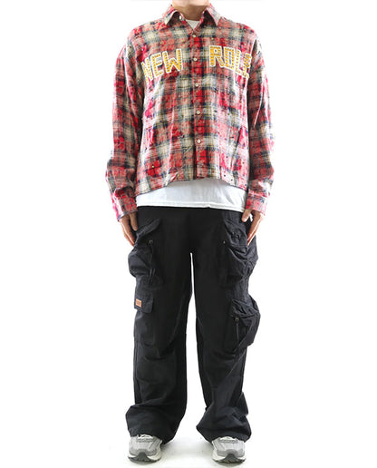 Long Sleeve Washed Flannel Crop Top Button Down Shirt With Rhinestone Embellishments