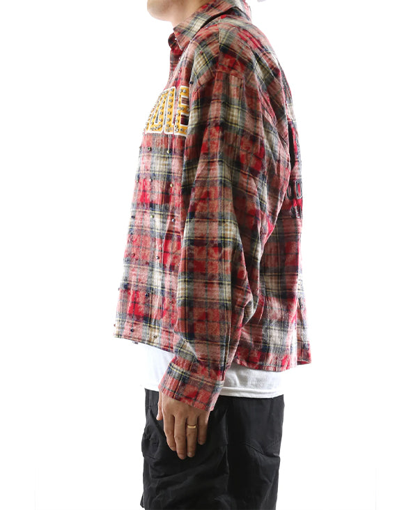 Long Sleeve Washed Flannel Crop Top Button Down Shirt With Rhinestone Embellishments