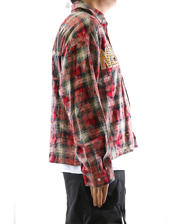 Long Sleeve Washed Flannel Crop Top Button Down Shirt With Rhinestone Embellishments
