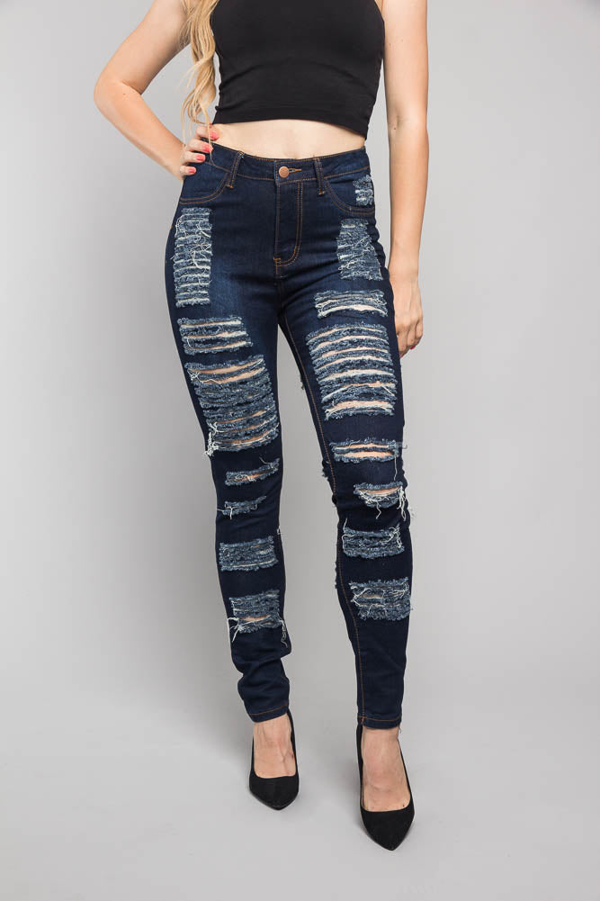 Double Distressed Denim Skinny Jeans