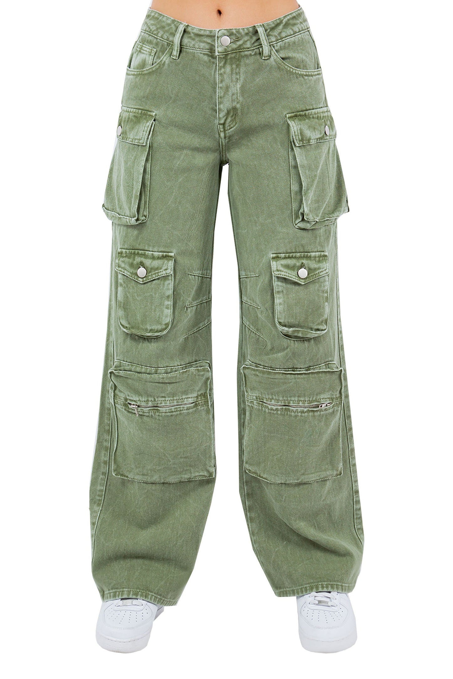 Women's High Rise Stone Washed Cargo Pocket Loose Fit Denim Jeans