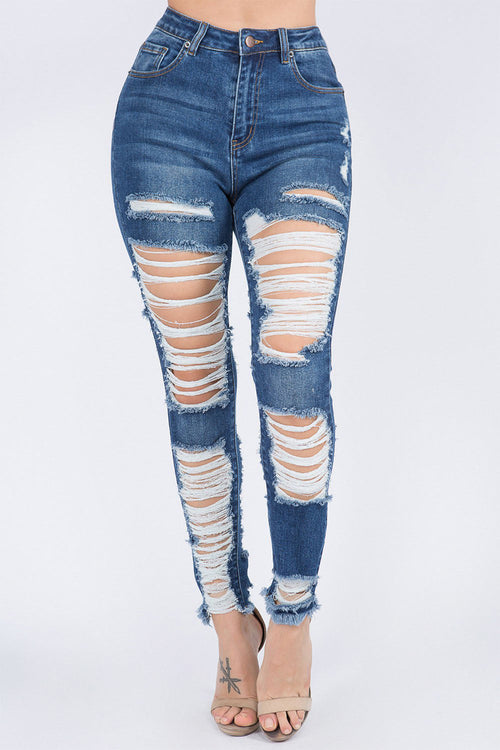 Women's High Waist Heavy Distressing Denim Skinny Jeans
