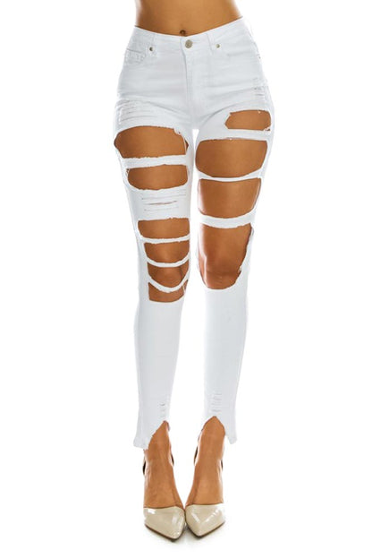Women's High Rise Destroyed Denim Twill Jeans