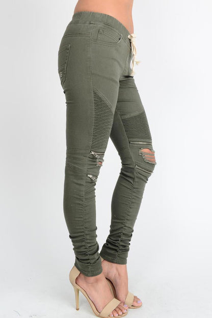 Women's Biker Style Ripped Zip Rider Jogger Pants