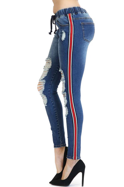 Women's Ripped Denim Jogger with Stripe