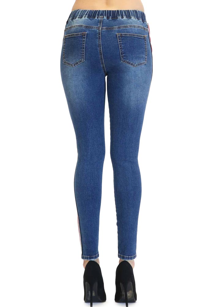 Women's Ripped Denim Jogger with Stripe