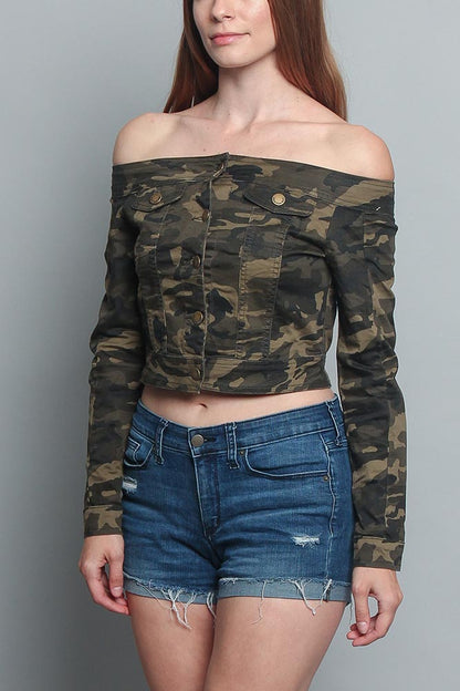 Colored Camo Off the Shoulder Shirt