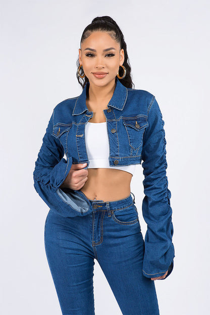 Women's Scrunched Bungee Sleeve Cropped Denim Jacket