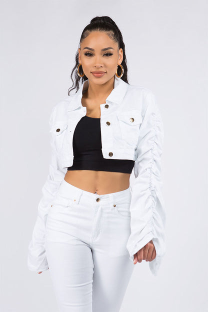 Women's Scrunched Bungee Sleeve Cropped Denim Jacket