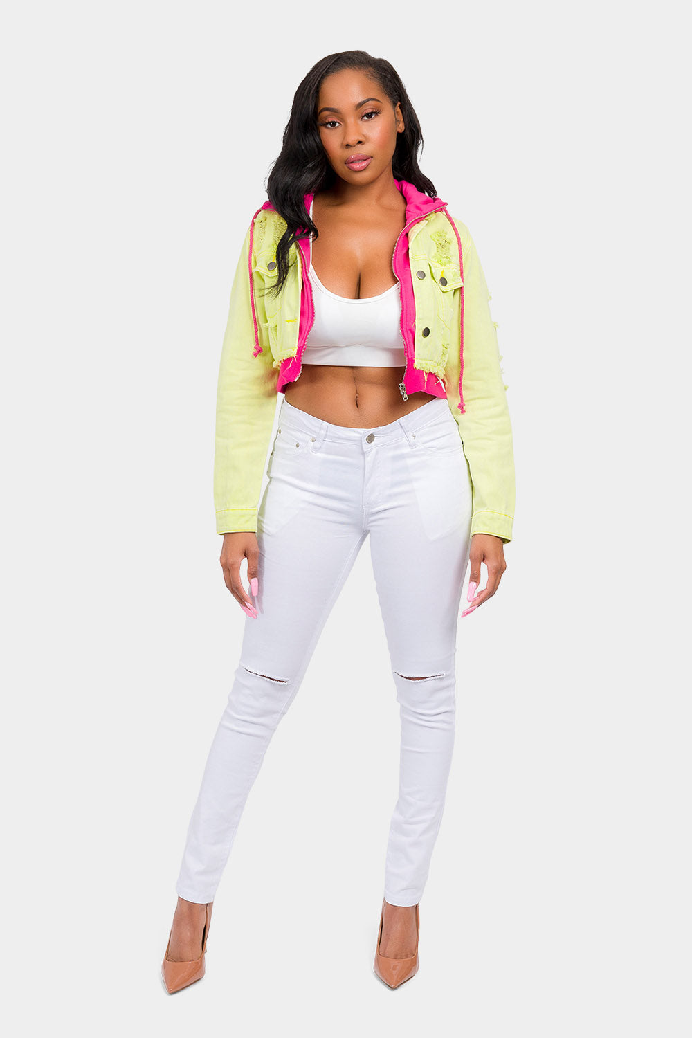 Distressed Layered Hoodie Denim Jacket